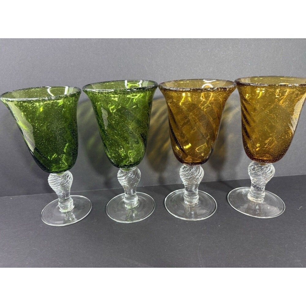 4 Hand Blown 2 Amber Gold 2 Emerald Green Bubble Glass Wine Goblets Clear Stems
